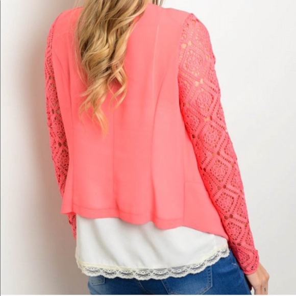 Coral cardigan jacket with pockets. Sheer chiffon. - Picture 4 of 5